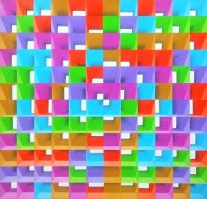 Geometric acrylic painting of multicoloured receding square forms arranged in a symmetrical grid pattern on canvas