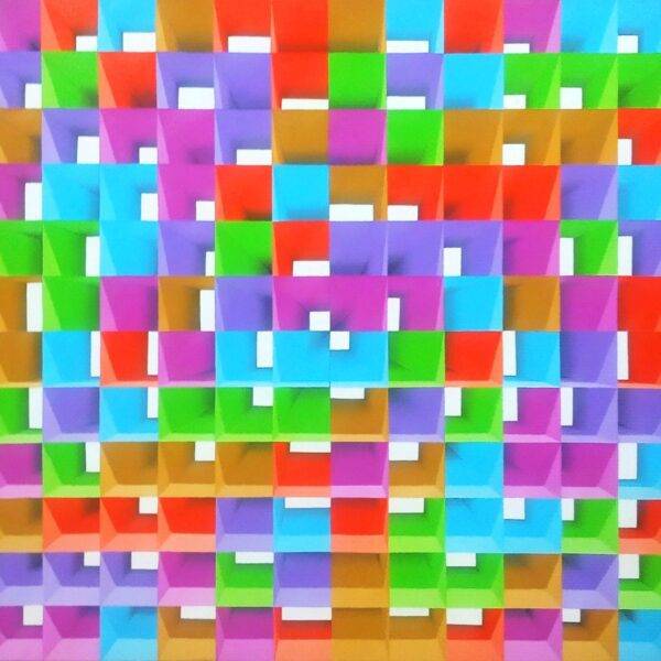 Geometric acrylic painting of multicoloured receding square forms arranged in a symmetrical grid pattern on canvas