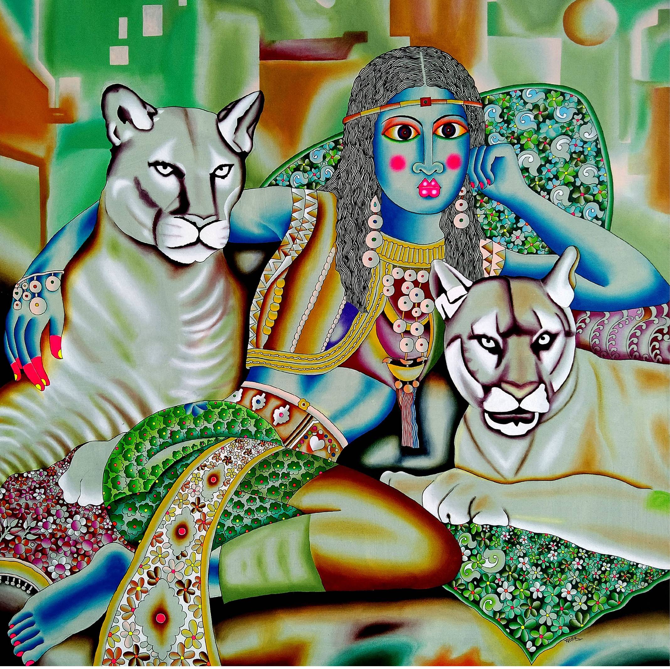 Tiger And Woman - I — original Indian figurative painting by Kattakuri Ravi, acrylic on canvas 42×36 inches, 2026, deep red palace interior with tiger, Visions Art Mumbai
