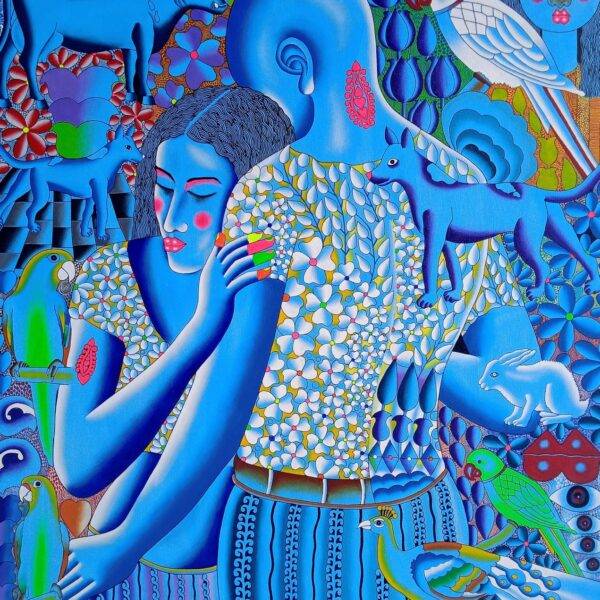 Love — original Indian figurative painting by Kattakuri Ravi, acrylic on canvas 42×36 inches, 2026, goddess figure with birdcage Taj Mahal parrots, Visions Art Mumbai
