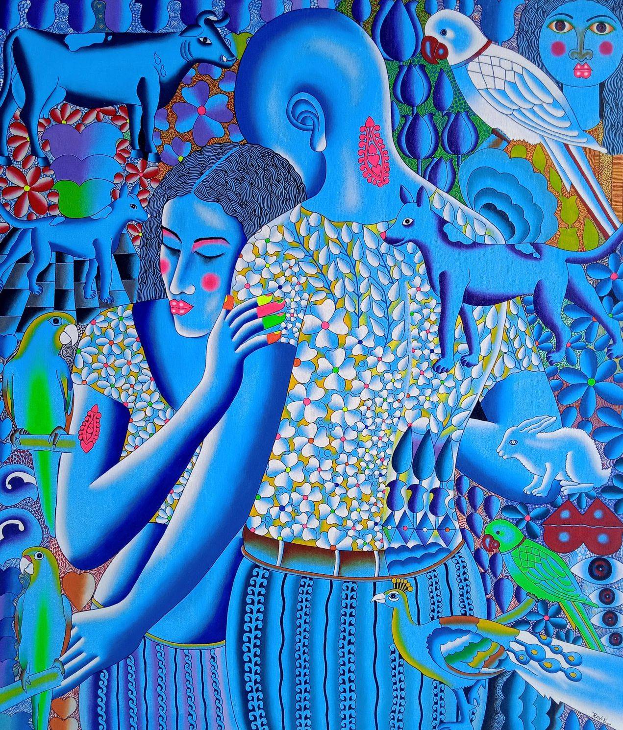 Love — original Indian figurative painting by Kattakuri Ravi, acrylic on canvas 42×36 inches, 2026, goddess figure with birdcage Taj Mahal parrots, Visions Art Mumbai
