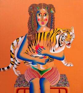 Tiger and Sweety— original Indian figurative painting by Kattakuri Ravi, acrylic on canvas Visions Art Mumbai