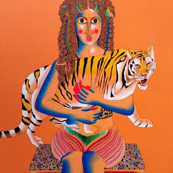 Tiger and Sweety— original Indian figurative painting by Kattakuri Ravi, acrylic on canvas Visions Art Mumbai