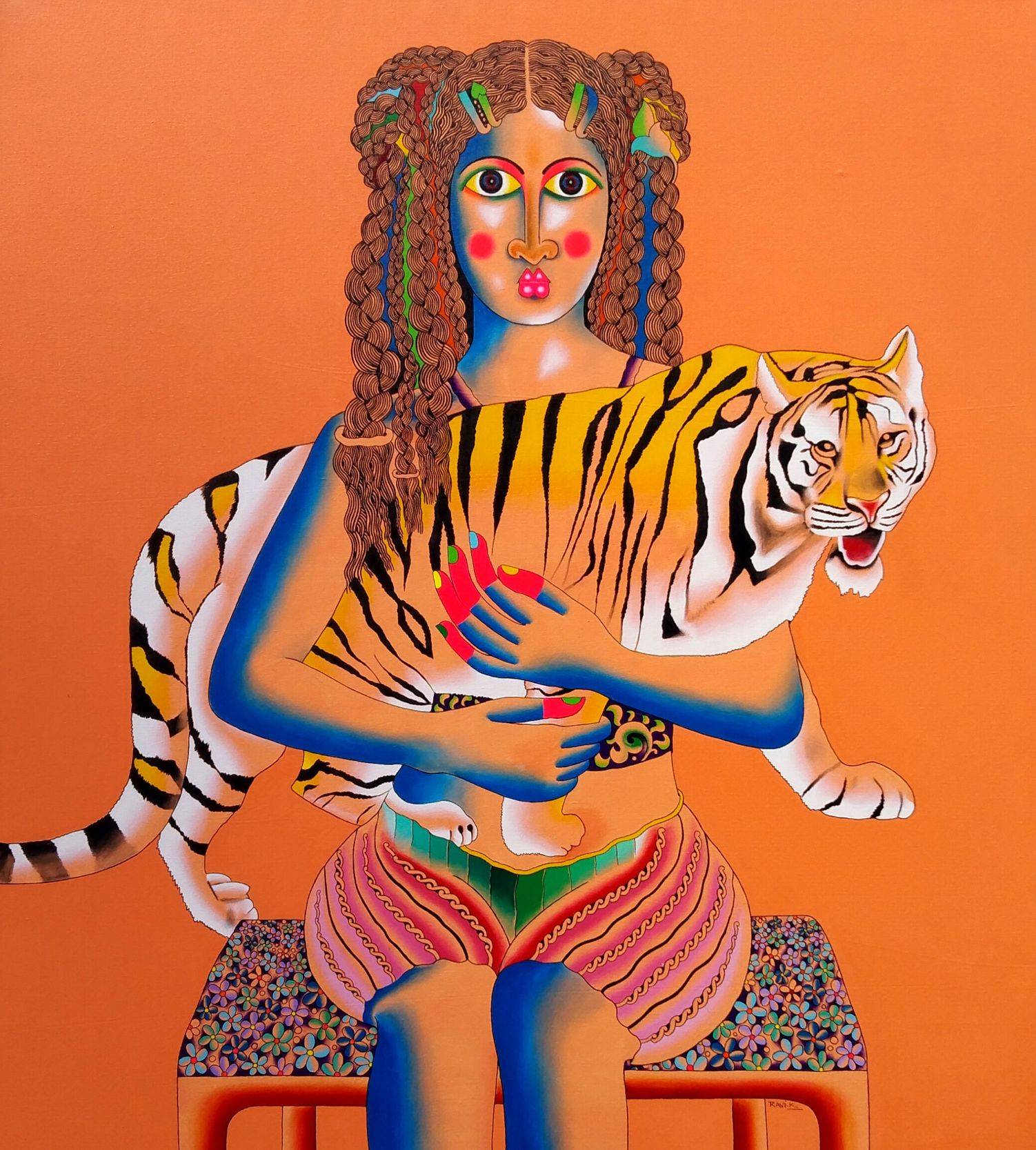 Tiger and Sweety— original Indian figurative painting by Kattakuri Ravi, acrylic on canvas Visions Art Mumbai