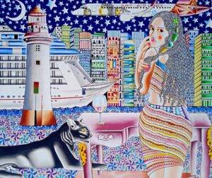Acrylic painting of a woman at a table with a wine glass, a black cat beside her, a lighthouse, cruise ship and lit city skyline behind her under a night sky with stars, by Kattakuri Ravi.