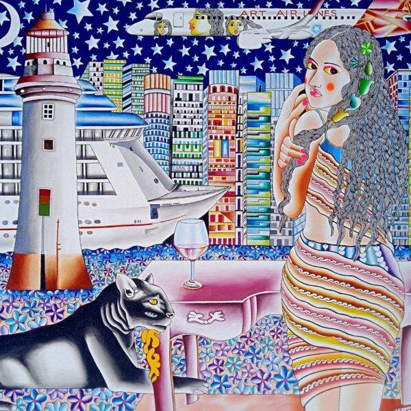 Acrylic painting of a woman at a table with a wine glass, a black cat beside her, a lighthouse, cruise ship and lit city skyline behind her under a night sky with stars, by Kattakuri Ravi.