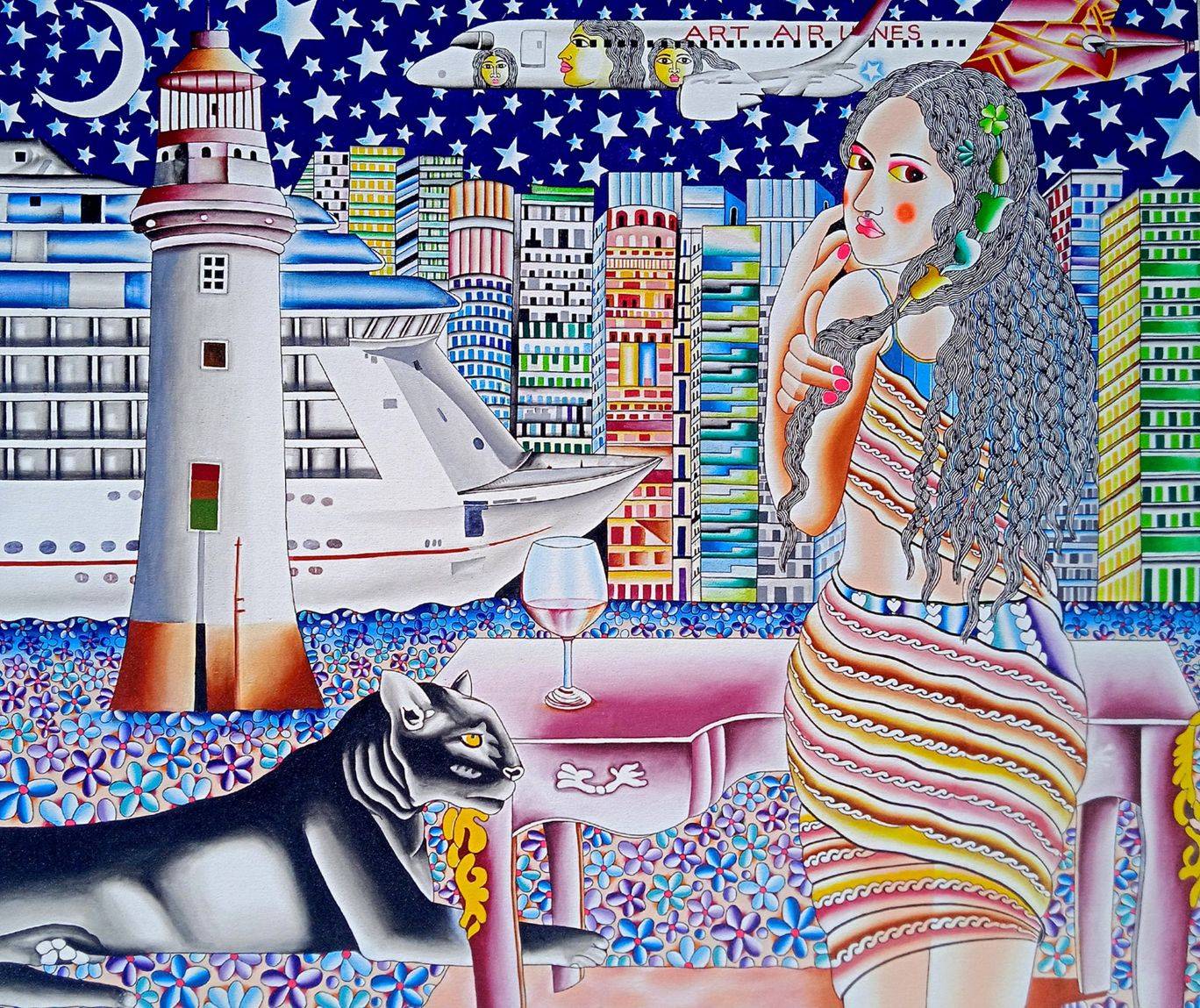 Acrylic painting of a woman at a table with a wine glass, a black cat beside her, a lighthouse, cruise ship and lit city skyline behind her under a night sky with stars, by Kattakuri Ravi.