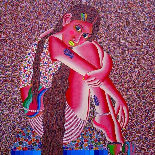 Square acrylic painting of a single seated woman with long braided hair in a self-embracing pose against a densely patterned pink and red background, by Kattakuri Ravi.