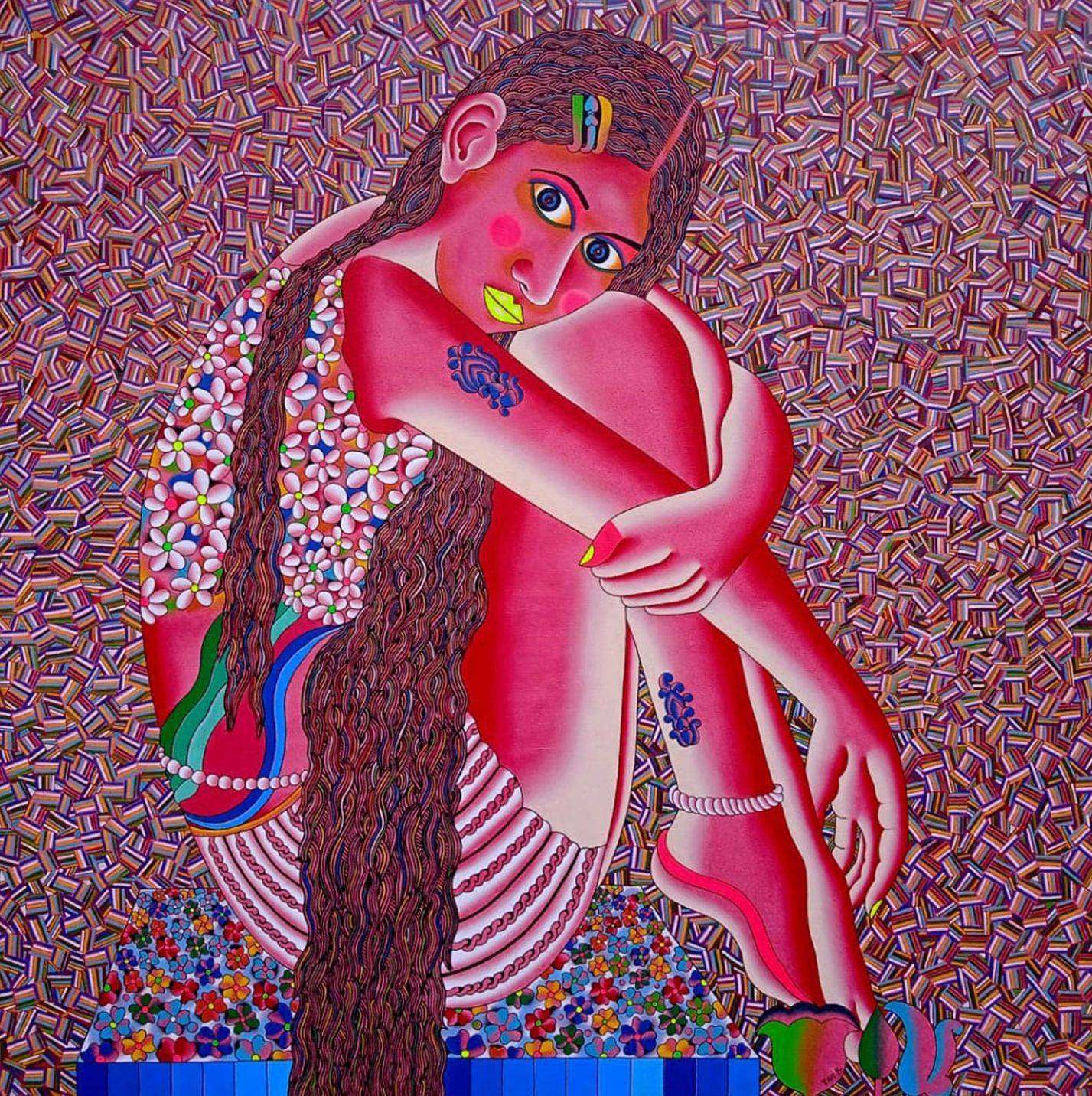 Square acrylic painting of a single seated woman with long braided hair in a self-embracing pose against a densely patterned pink and red background, by Kattakuri Ravi.