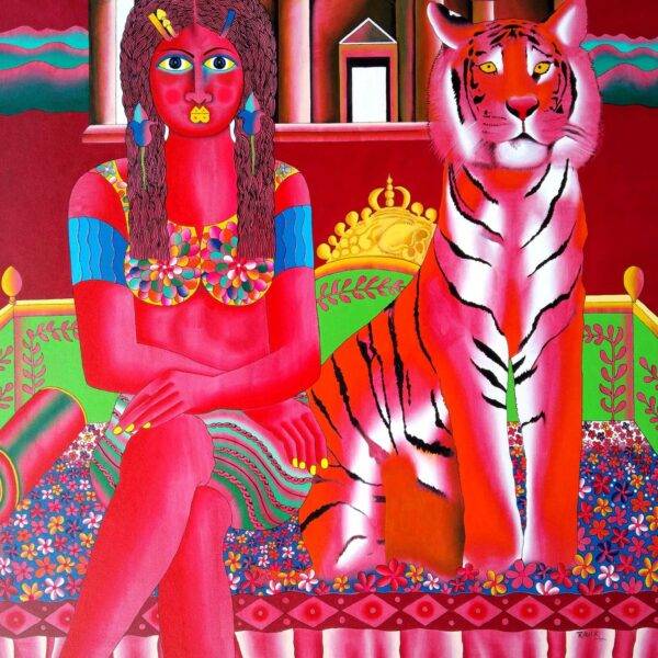 Acrylic painting of a seated woman with braided hair beside a tiger on a decorated bed with arched red interior, by Kattakuri Ravi.