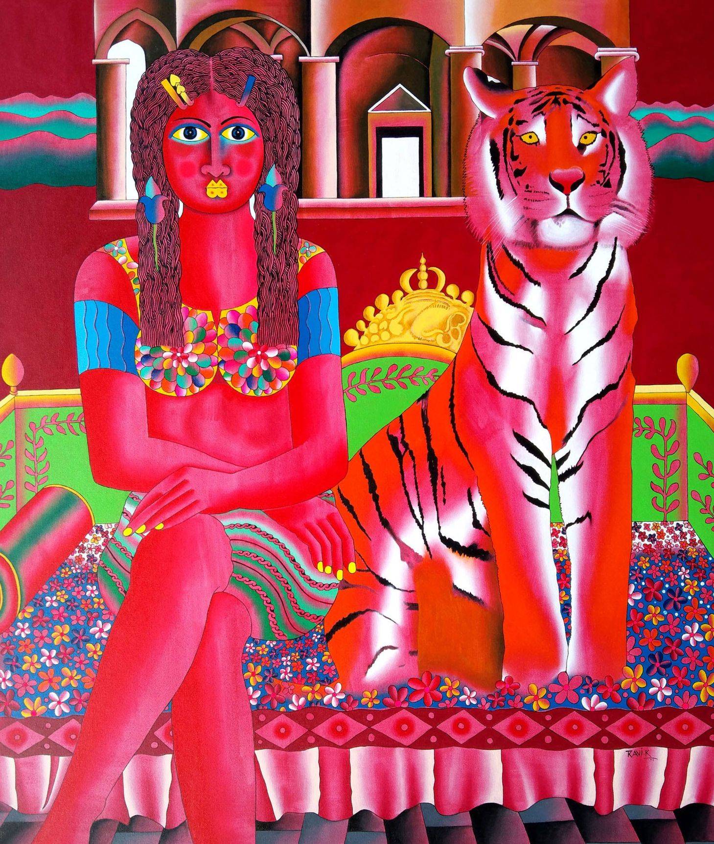 Acrylic painting of a seated woman with braided hair beside a tiger on a decorated bed with arched red interior, by Kattakuri Ravi.