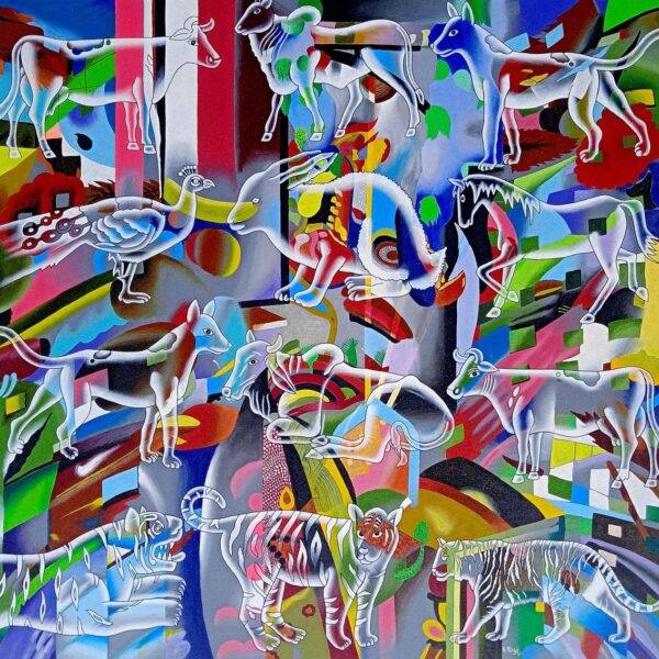 Animals — original Indian contemporary painting by Kattakuri Ravi, acrylic on canvas 42×42 inches, 2026, white outlined animals on abstract colourful background, Visions Art Mumbai