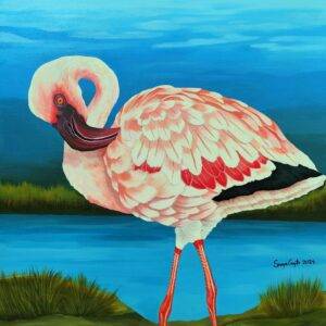 Lesser Flamingo with pale pink and rose plumage in its East African saline lake habitat — original acrylic painting by Sreya Gupta