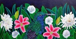 Sparkling Violetear hummingbird among white night-blooming flowers in a silver moonlit garden — horizontal acrylic painting by Sreya Gupta