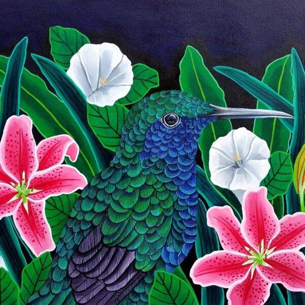 Sparkling Violetear hummingbird among white night-blooming flowers in a silver moonlit garden — horizontal acrylic painting by Sreya Gupta