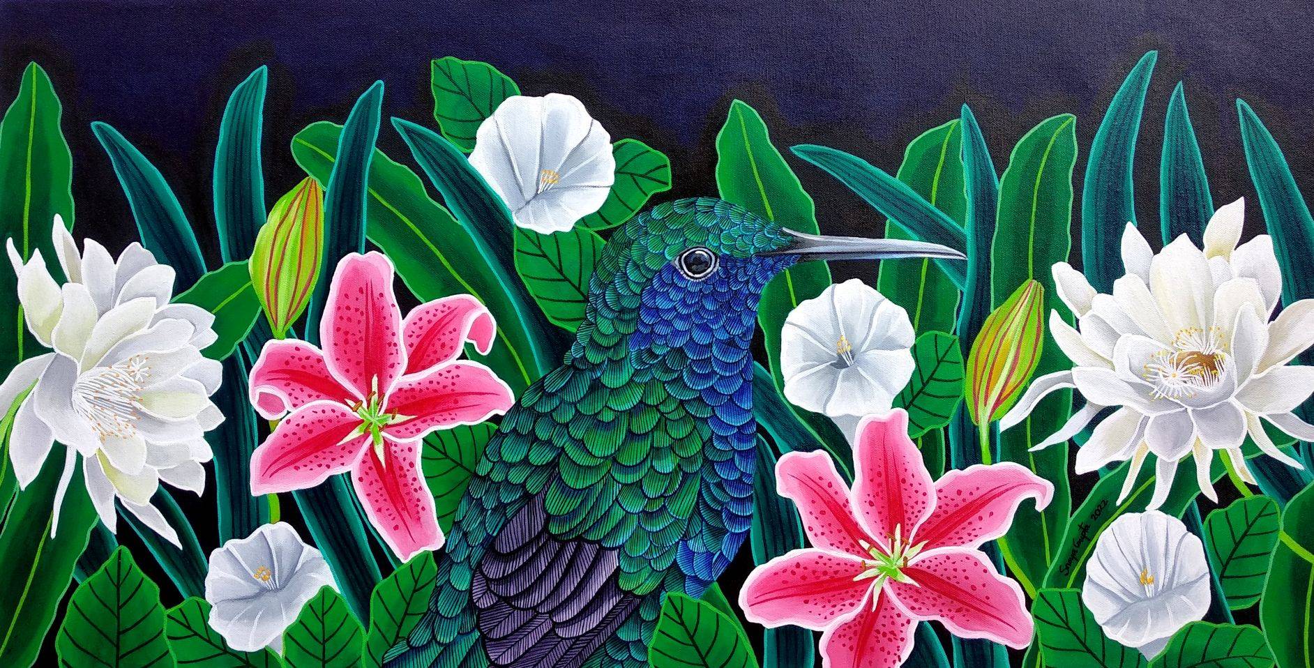 Sparkling Violetear hummingbird among white night-blooming flowers in a silver moonlit garden — horizontal acrylic painting by Sreya Gupta