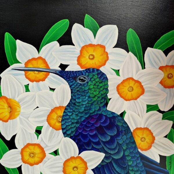 Acrylic painting of a Green Crowned Woodnymph hummingbird with iridescent plumage among yellow daffodils on a black background