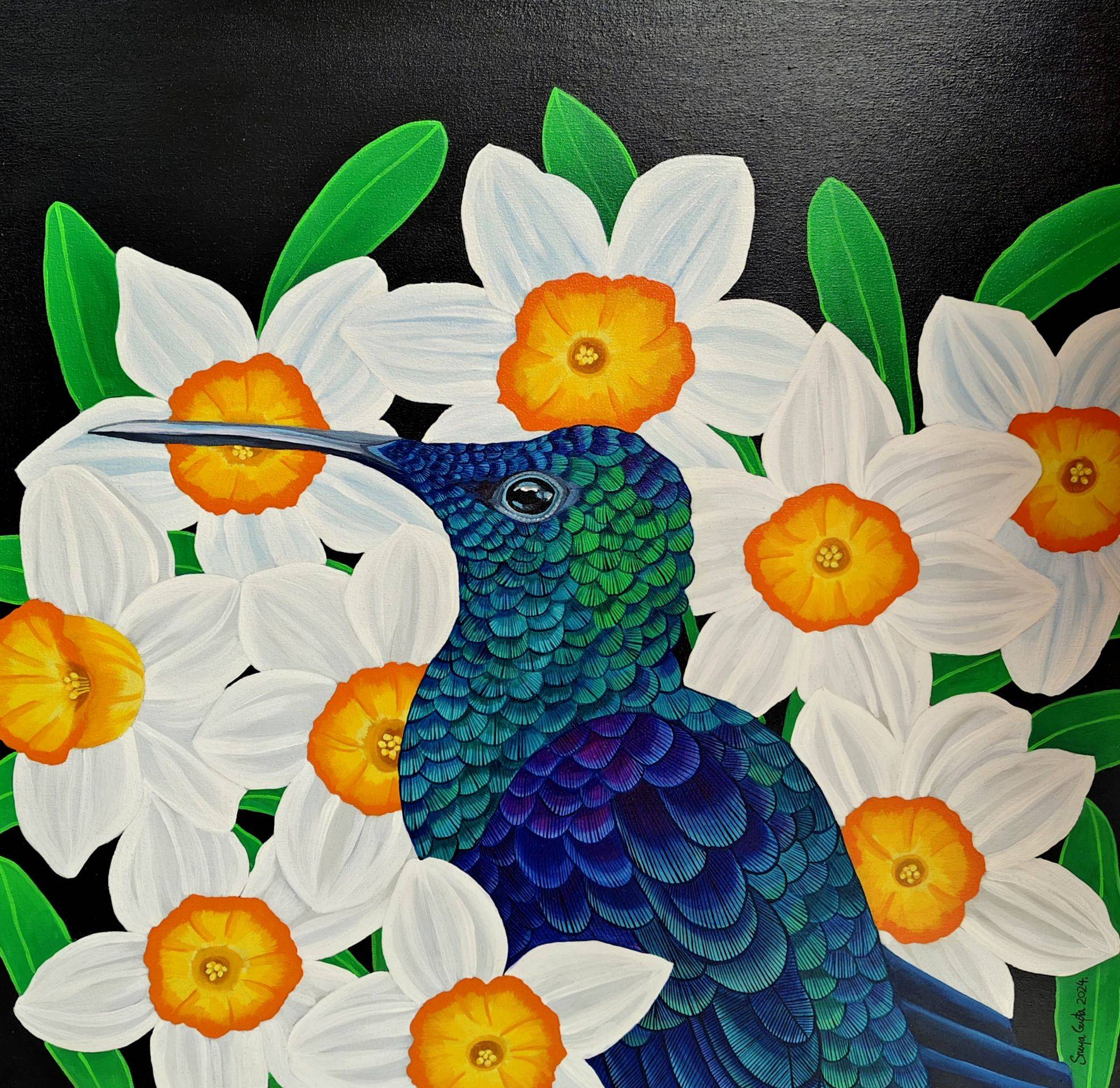 Acrylic painting of a Green Crowned Woodnymph hummingbird with iridescent plumage among yellow daffodils on a black background