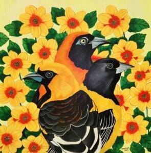 Three Oriole birds — Streak-backed, Scott's Oriole and Orange-backed Troupial — among gold Dahlia blooms, acrylic painting by Sreya Gupta