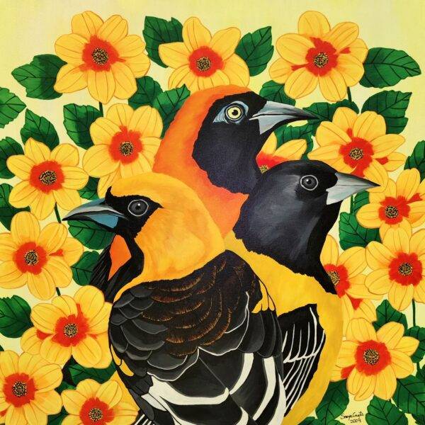 Three Oriole birds — Streak-backed, Scott's Oriole and Orange-backed Troupial — among gold Dahlia blooms, acrylic painting by Sreya Gupta