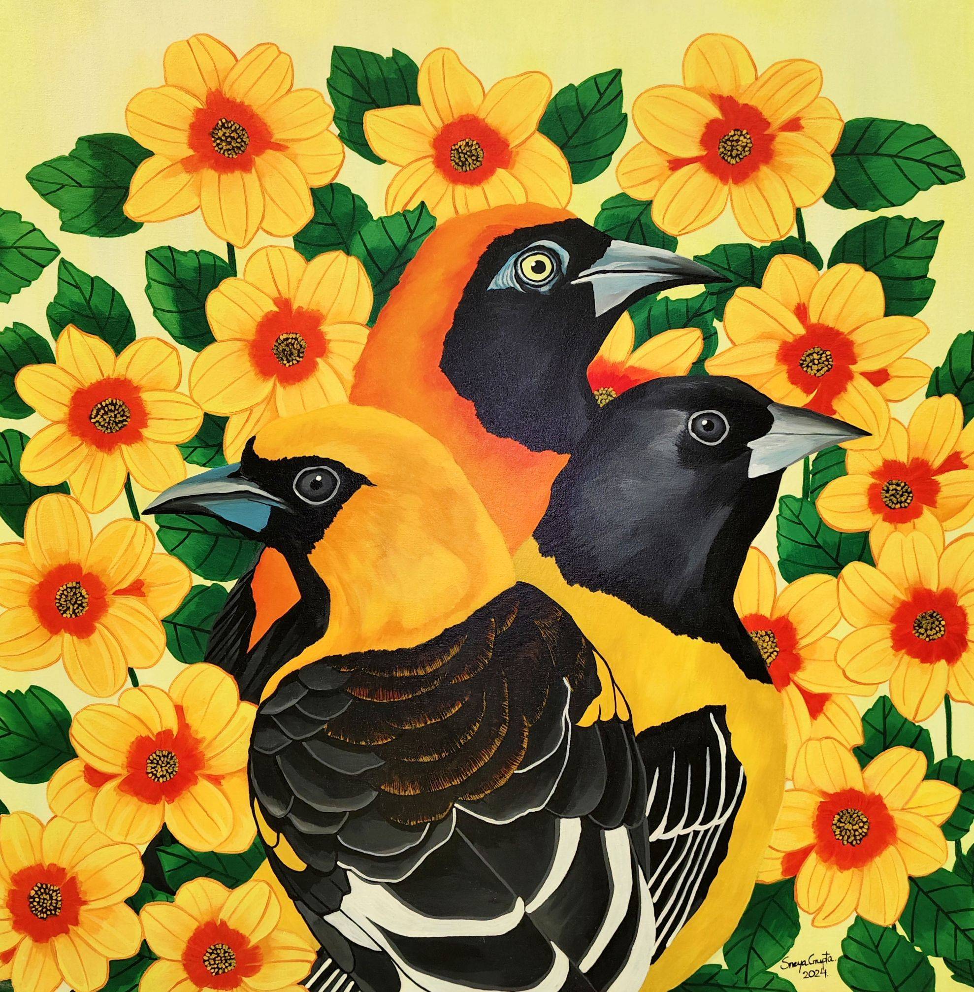 Three Oriole birds — Streak-backed, Scott's Oriole and Orange-backed Troupial — among gold Dahlia blooms, acrylic painting by Sreya Gupta