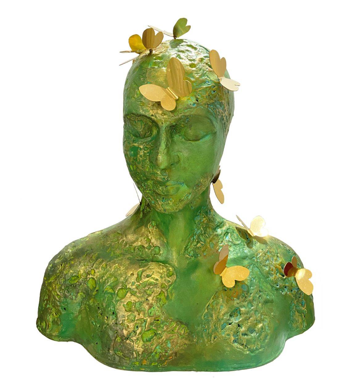 Trilokini 14 — mixed media figurative female bust sculpture by Romicon Revola with heavily textured green and gold surface and brass butterfly elements throughout, front view.
