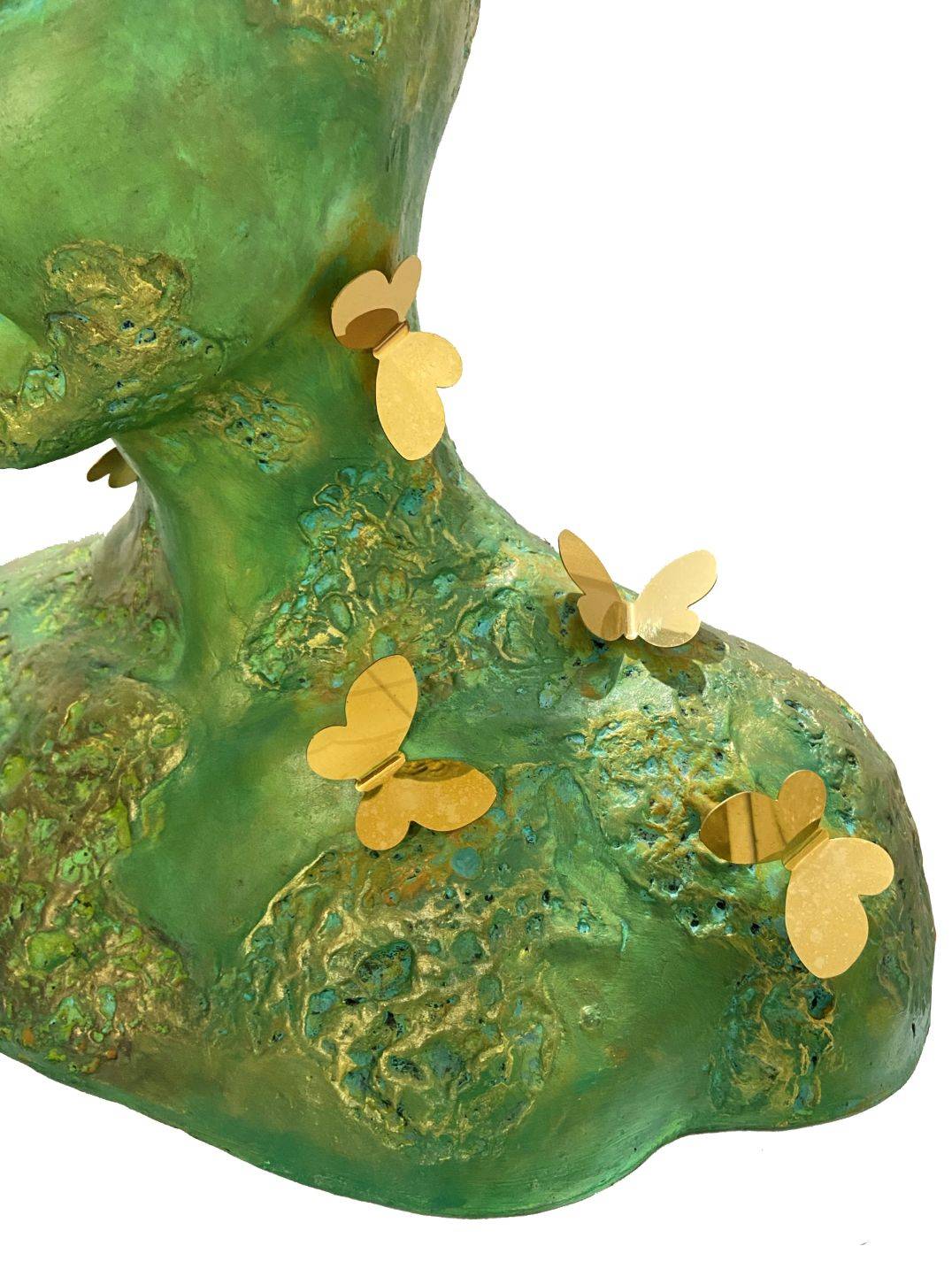 Trilokini 14 — mixed media figurative female bust sculpture by Romicon Revola with heavily textured green and gold surface and brass butterfly elements throughout, front view.